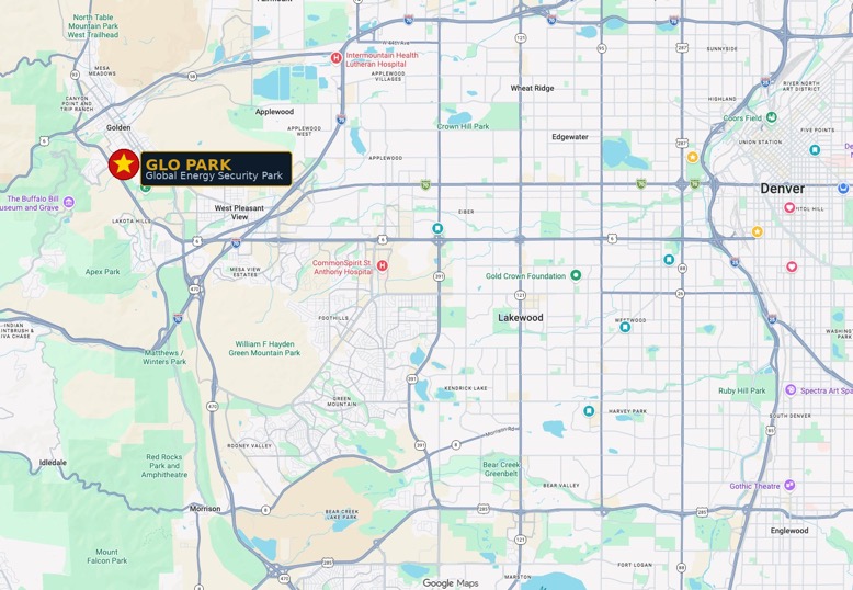 Map of the west Denver metro area showing GLO Park in Golden, Colorado, east of the foothills and west of Lakewood and Denver